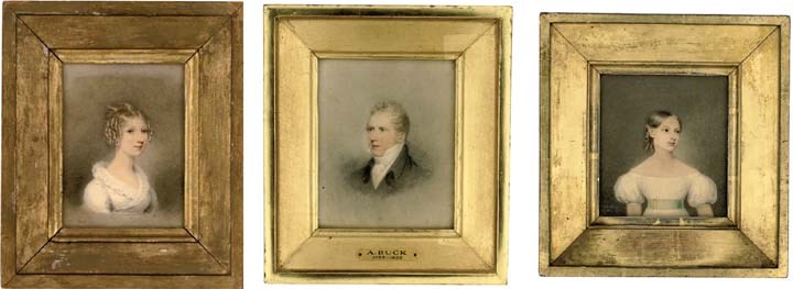 Mrs John Scott, in white off-the-shoulder dress, green sash with gold buckle, hair dressed in ringlets: a young lady, in white dress with frilled collar, fair hair dressed in ringlets; and a gentleman, in black coat, white waistcoat and knotted cravat