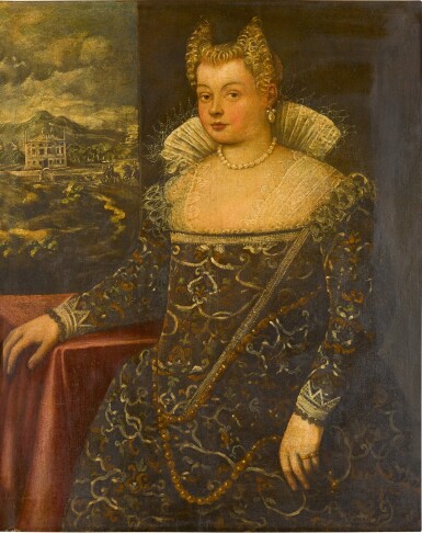Portrait of a lady, traditionally identified as Rita Bellesi, three-quarter length, wearing elaborate Venetian dress, standing beside a table, a villa beyond