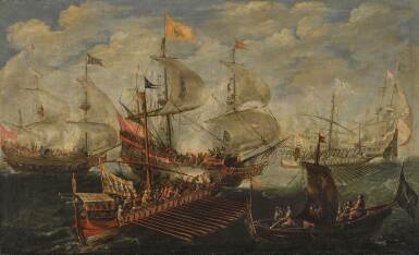 A naval battle between Turks and Christians, probably the Battle of Lepanto