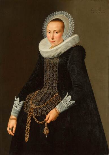Portrait of a lady, three-quarter-length, wearing a black embroidered dress and cartwheel ruff
