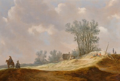 Dune landscape with horsemen and figures resting by a path, a cottage beyond
