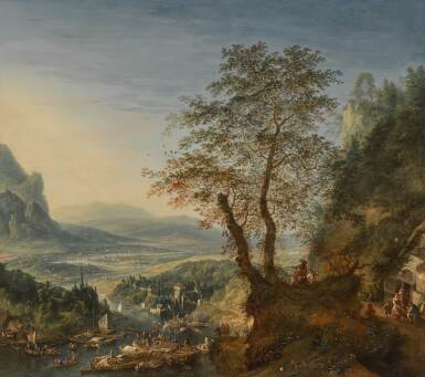 An extensive Mosan capriccio river landscape, with moored boats and groups of figures