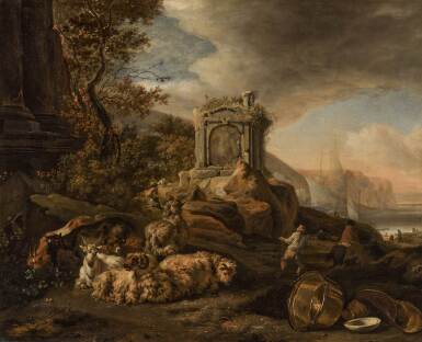 Goats and sheep resting beside a ruined temple