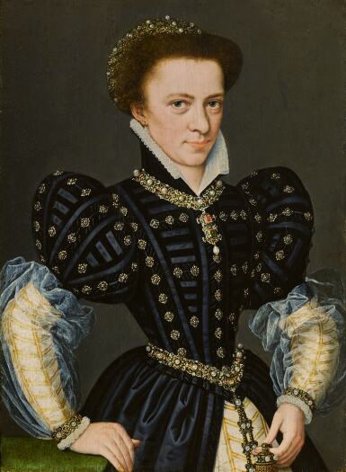 Portrait of a lady, half-length, wearing a black dress with white gold-trimmed sleeves