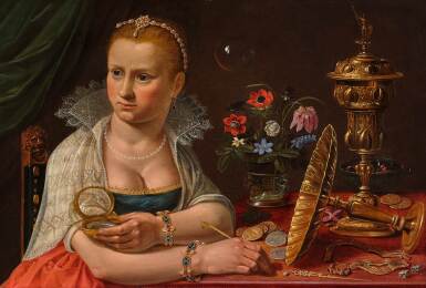Clara Peeters, A presumed self-portrait with a lavish display of objects in a vanitas still life and a still life of flowers in a glass vase