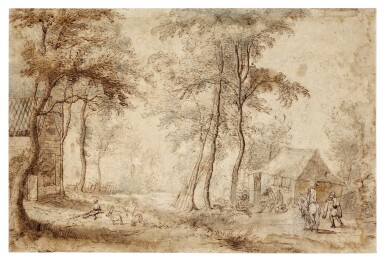 Hunters by a hut in a landscape