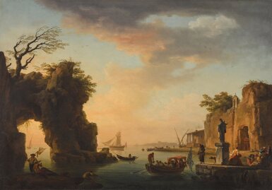 A Mediterranean port view with figures