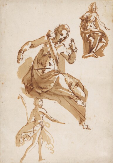 Recto: Studies of two female figures, a walking figure below  Verso: Two soldiers brandishing swords and daggers, a sketch of a third 