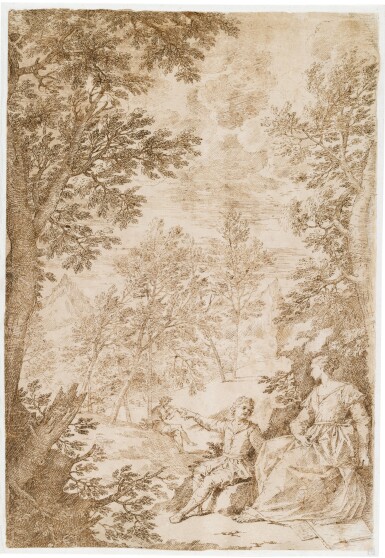 A woman and a small boy seated in a wooded landscape with a piper in the background