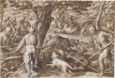 Hunting bear with nets and dogs