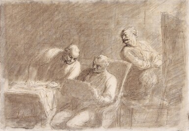 An artist and two connoisseurs in a studio