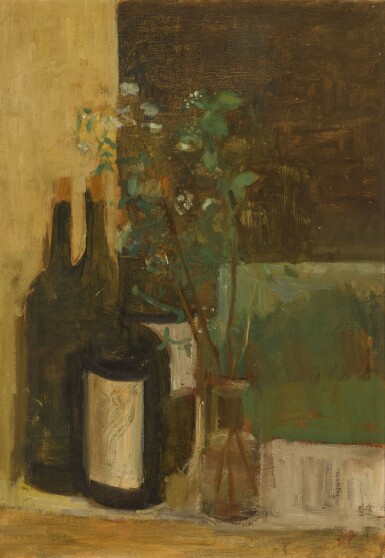 Still Life of Wine Bottles and Flowers