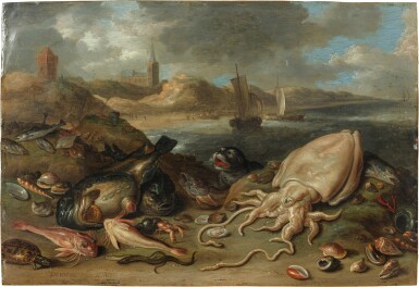 Coastal landscape with seals and squid | Paysage côtier avec phoques et calamars