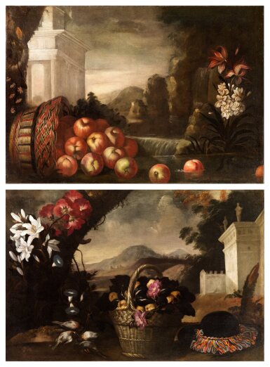 Still Life with Overturned Basket of Apples; Still Life with a basket of flowers and fruits | Nature morte au panier de pommes renversé ;  Nature morte au panier de fleurs et de fruits