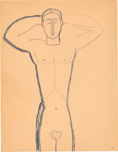 Male caryatid, frontal view, three-quarter length, hands behind his head