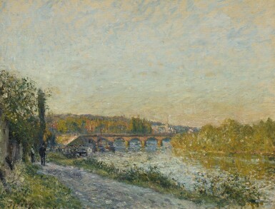 Le Pont de Sèvres en fin de journée, au fond l’église de Saint-Cloud
