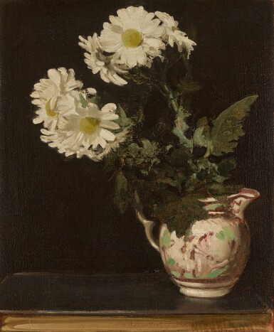 White Chrysanthemums in a Pink Lustre Jug