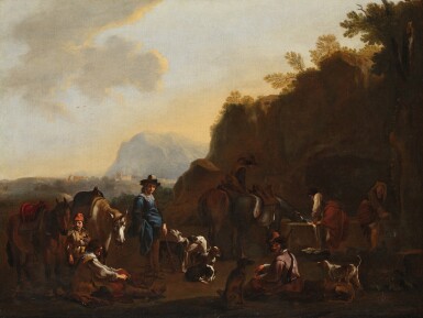 Travelers resting in a landscape