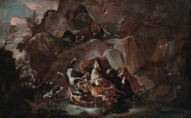 Wooded landscape with dogs attacking bears