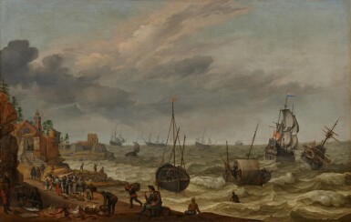 Dutch coastal view with ships in a choppy sea and fishermen unloading their catch
