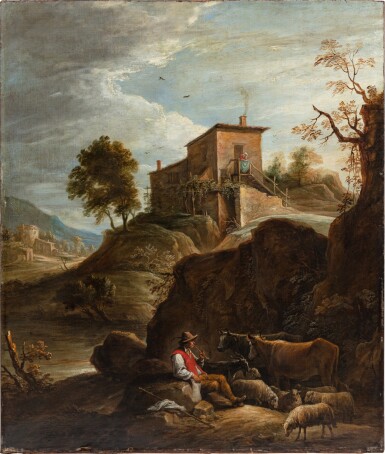 A Pastoral Landscape With a Herdsman Playing a Pipe near a Waterfall