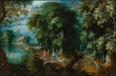 Chasseurs dans un paysage boisé