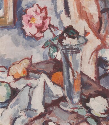 Pink Rose in a Glass Vase with Fruit