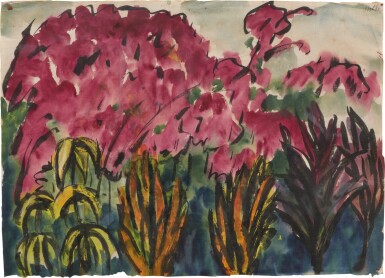 Blumengarten mit Lilien und lila Iris (Flower garden with lilies and purple irises)