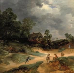 A dune landscape with figures and pigs on a track near a cottage