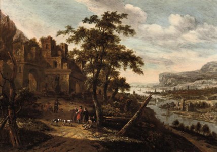 An extensive Rhine landscape with figures conversing outside a town gate