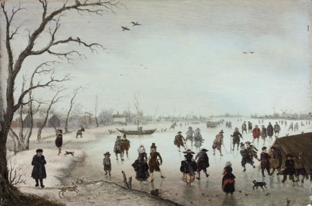 A winter landscape with figures skating and making merry on a frozen river