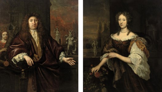 Portrait of Gisbert Cuper (1644-1716), three-quarter-length, in a purple robe, standing with his right arm resting on a pillow with a gold medal of the States General, an allegorical figure of the 'stedenmaagd' of Deventer holding the fasces and sculptures of Minerva and Harpocrates beyond; and Portrait of Aleida van Suchtelen (1648-1689), three-quarter-length, standing in a red and yellow dress, with pearls and white lace sleeves, picking a flower, sculptures of the allegorical figures of Caritas and Abundantia beyond