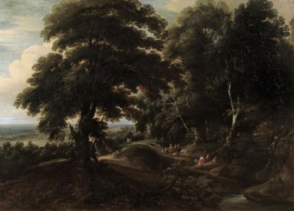 A wooded landscape with travellers on a track