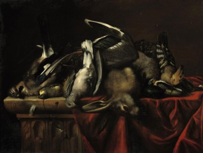 A hare, a jay, a partridge, a duck and other birds, all on a draped marble ledge
