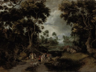 A wooded river landscape with figures conversing on a path, a village beyond