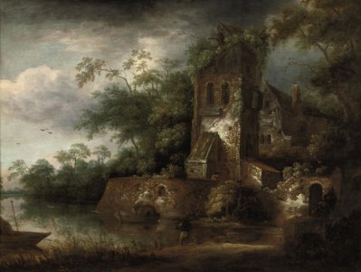A wooded river landscape with fishermen near a ruined tower