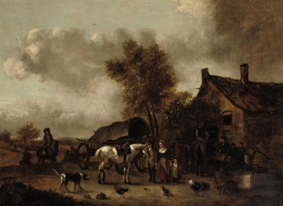 A landscape with horses and riders near a tavern