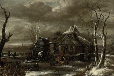 A winter landscape with figures chopping wood and sleighing on a frozen river near an inn