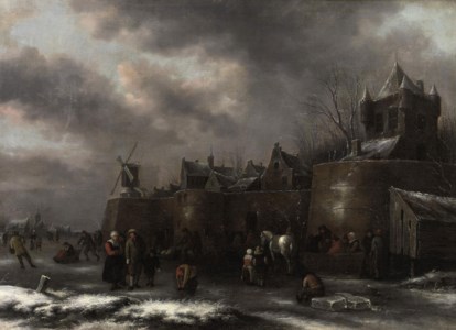 A winter landscape with figures skating and sleighing on a frozen moat outside a fortified town