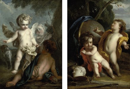 Putti preparing for the hunt; and Putti blowing bubbles in a landscape