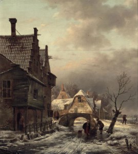 Figures conversing on a waterway near a village