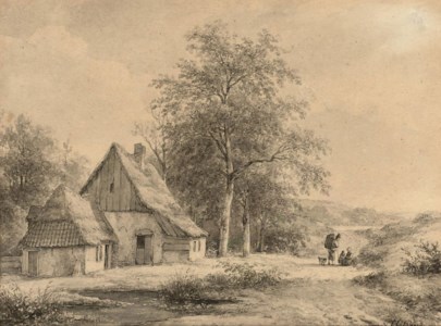 Figures on a path by a farm