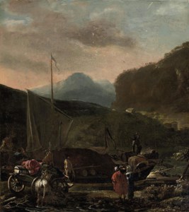 A river landscape with a ship carrying cargo, travellers with their horse and cart on a bank