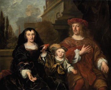 A family portrait of a an elderly woman with her son and grandson, three-quarter length, seated, on a palatial balcony