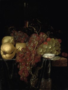 Oysters, lemons, cherries, grapes, and a glass roemer on a partly-draped wooden ledge
