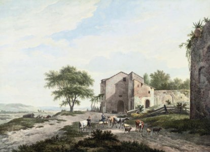 An extensive landscape with a drover with cattle and sheep