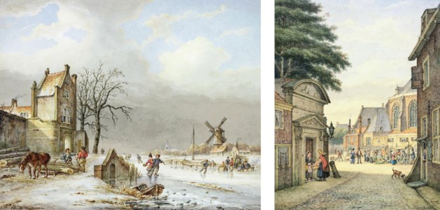 A Dutch winter landscape with skaters on a frozen river; and A Dutch townscape with figures at a market before a cathedral