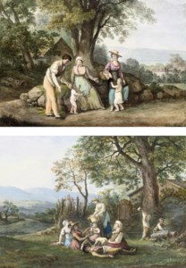 Peasants beside a woodman's cottage; and A rustic family