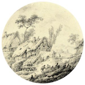 A wooded landscape with cottages and figures on a bridge