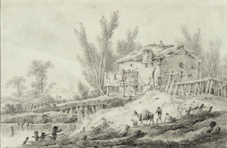 Travellers with a donkey on the banks of a river